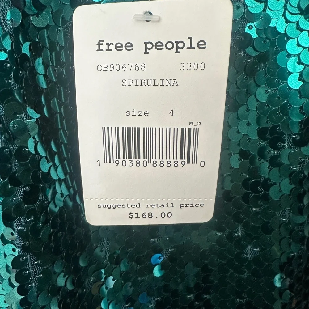 Free People Teal Sequin V-Neck Mini Party Dress with Black Velvet Tie